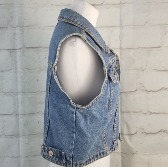 Vintage L Cropped Denim Jean Jacket Vest Adjustable Waist - Picture 7 of 10